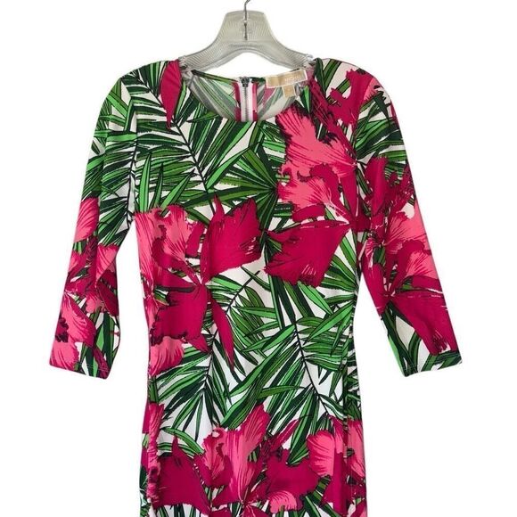 MICHAEL Michael Kors Floral Fuchsia Green Print Bodycon Ruched Dress Women Sz4 - Picture 3 of 10